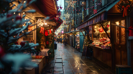 A festive alleyway set up for a Christmas market with stalls and holiday lights.