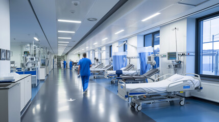 Healthcare Professional Walking Through Modern Hospital Ward