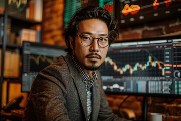 Obraz premium An Asian analyzing stock data