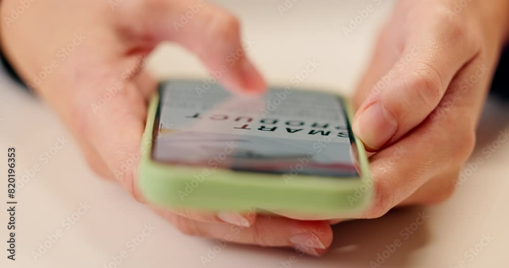 Poster Person, hands and browsing website with phone for research, information or news at office. Closeup of employee or user scrolling on internet or web for online search or product on mobile smartphone
