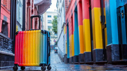 Rainbow-colored suitcase standing in a vibrant, colorful alley with buildings on either side in the city