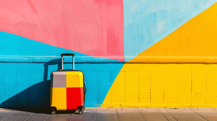 Multi-colored yellow purple red suitcase over a vibrant, colorful street wall
