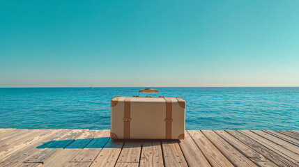 Brown and beige retro suitcase on a sandy beach with ocean waves in the background under a clear blue sky.