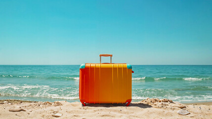 Bright orange and yellow suitcase on a sandy beach with ocean waves in the background under a clear blue sky.