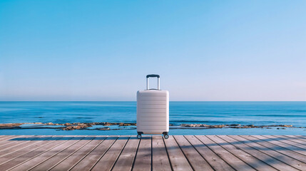 Silver grey modern suitcase on a sandy beach with ocean waves in the background under a clear blue sky.
