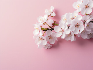 Spring flat lay setting with white sakura flowers on pink background offers space for text