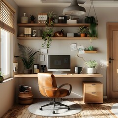 A wooden desk is positioned against a wall, accompanied by a brown leather swivel chair. Above the desk, there are wooden shelves adorned with various decorative items, plants, and books.