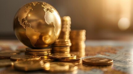 A golden globe beside stacked gold coins, against a blurred world map background, illustrating earth on sale, sci-fi tone, Monochromatic Color Scheme