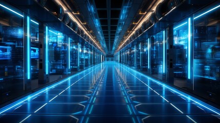 Obraz premium The design of this space resembles a modern hallway, illuminated by numerous lights, giving it a futuristic appearance. It exudes a sense of symmetry and technology