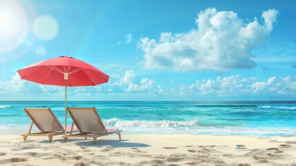 Serene beach scene with red beach umbrella - An inviting beach scene featuring two lounge chairs under a spacious red beach umbrella overlooking the sea