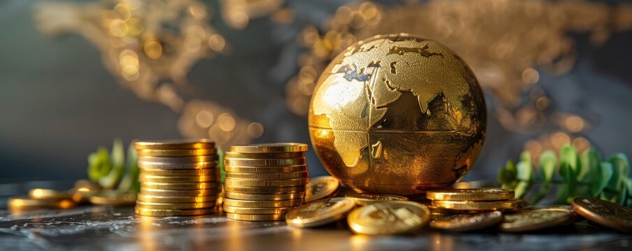 A golden globe next to stacks of gold coins, blurred world map in the background, highlighting earth on sale, cybernetic tone, Split-complementary color scheme