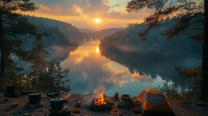 sunset dinner in nature, cooking at the campsite, camping food, hiking trail at sunset