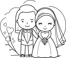 Romantic wedding couple one line art love vector illustration