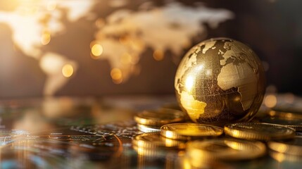 A golden earth globe alongside gold coins, with a blurred world map background, symbolizing planet on sale, digital tone, Complementary Color Scheme