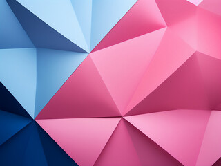 Blue and pink colors dominate the abstract geometric backdrop