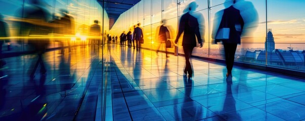 Fototapeta premium Evening descends upon the modern office as businesspeople move with purpose amidst the golden hues of sunset.