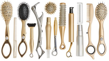 Pprofessional hairdresser tools organized on white background - Powered by Adobe