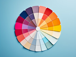 Fototapeta premium Bright paper and a color palette arranged on light blue, top view