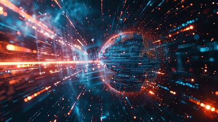 The digital globe spins out of control, global network and connectivity across Earth. Data transfer occurs at breakneck speeds, fueling a frenzy of business transactions