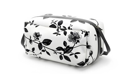 A white makeup bag with black floral pattern isolated on white background