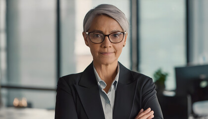 Fototapeta premium frau, business, neu, kurze, haare, im, büro, anzug, schwarz, brille, lächelnd, secretärin, Führungskraft, kaukasier, 1, urban, urbano, alter, 55ig, 60ig, hemd, makro, erfolgreich, selbstsicher