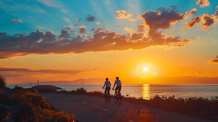 A guided cycling tour at sunset along a coastal road with the cyclists silhouetted against the vibrant sky.