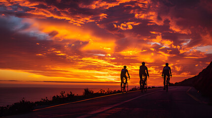 Fototapeta premium A guided cycling tour at sunset along a coastal road with the cyclists silhouetted against the vibrant sky.