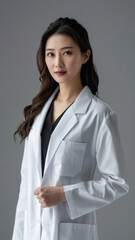Young Female Doctor in White Coat with Confident Pose Against Neutral Background