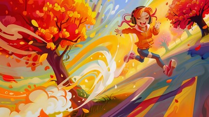 Smiling woman running in a park with trees and birds