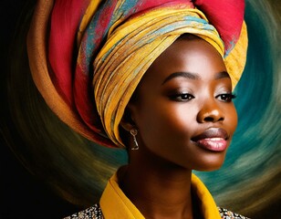Abstract painting concept. Colorful art portrait of a black woman with modern turban. African culture. AI generated