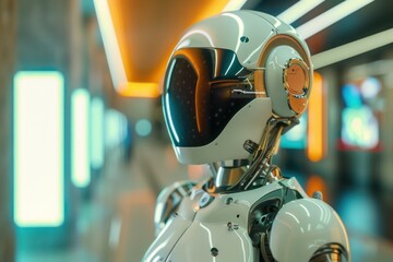 Futuristic robot of the future. Cyberpunk background