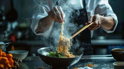 Chef cooks ramen in stages