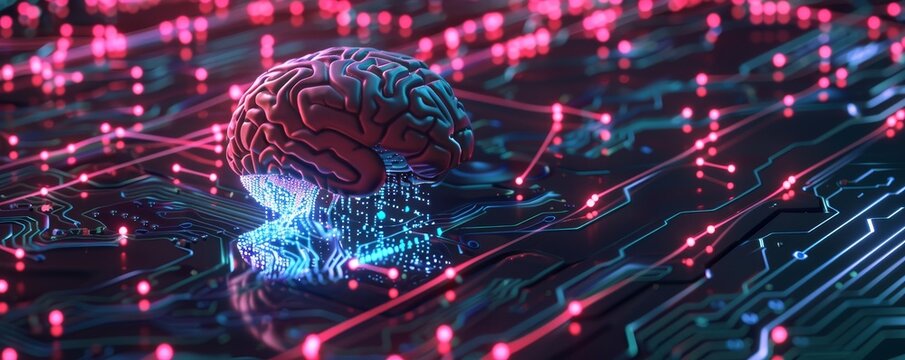 A neural circuit and cyber brain connected within a quantum computing system, illustrating AI technology, futuristic tone, vivid
