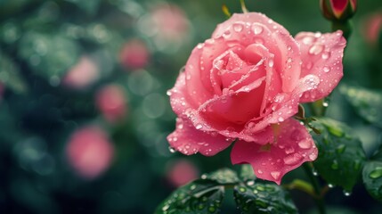 The pink rose in the garden looks even more stunning after being kissed by a rain shower creating a captivating image with plenty of copy space