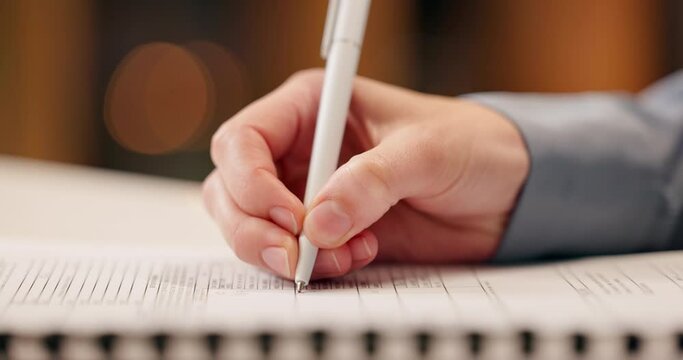 Book, hand and writing notes for planning and survey form, schedule and reminder for information. Medical employee, closeup and person for insurance document with test results, admin and prescription