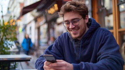Smiling Man Using Smartphone Outdoors