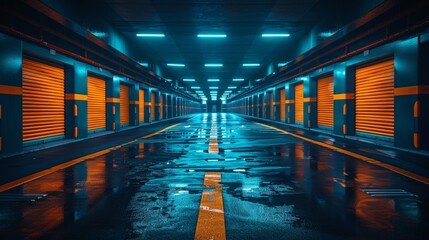 Corridor of self storage unit with yellow doors for renting storage spaces and personal items
