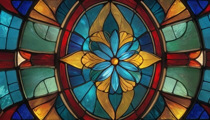 A vibrant stained glass window featuring a floral pattern with blue and golden hues against red accents.