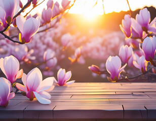 Pink and white magnolia flowers over a wooden picnic table at sunset in a park