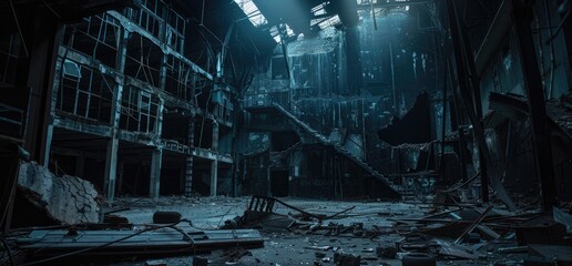 A haunting scene unfolds within the abandoned mansion, where a grand staircase stands as a silent witness.