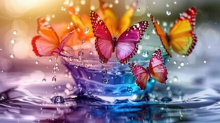   Orange and pink butterflies float gracefully in a water bowl, featuring a water splash on top