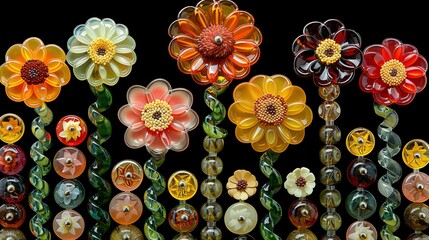   A cluster of vibrant glass blooms rests on a dark table alongside a vase containing a solitary blossom