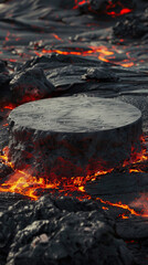 Blank round stone pedestal in the middle of a hot lava surface. A black pedestal stands in molten magma, which flows from the crater of a volcano. Free space for product placement.