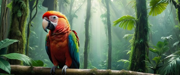 A vibrant scarlet macaw perched in a misty tropical rainforest, a tranquil representation of wildlife and natural beauty.