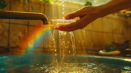   An image of a person washing their hands under a faucet surrounded by a pool of water and a vibrant rainbow in the background