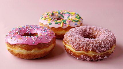   Three pink doughnuts with frosting and sprinkles on a pastel pink background