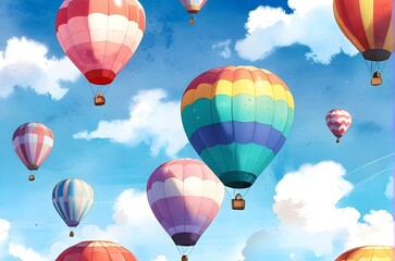Obraz premium Watercolor painting of hot air balloon floating in the sky. illustration vector. Generative AI