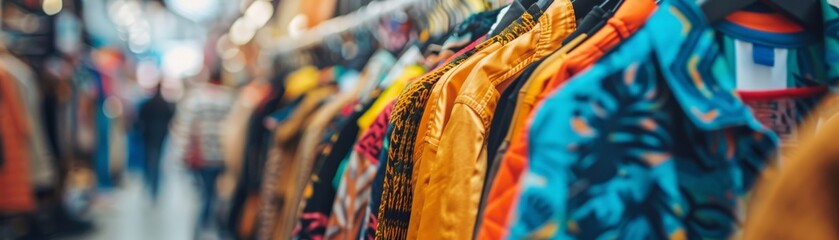A zero-waste fashion market with clothes made from recycled materials, bustling atmosphere, pop art...