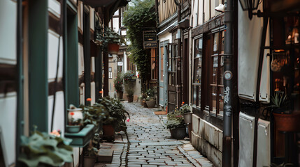 Fototapeta premium A narrow passage between old timbered houses with small cafes and boutiques.
