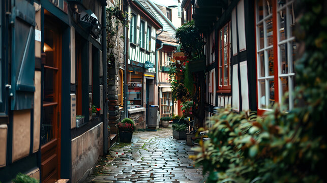 A narrow passage between old timbered houses with small cafes and boutiques.